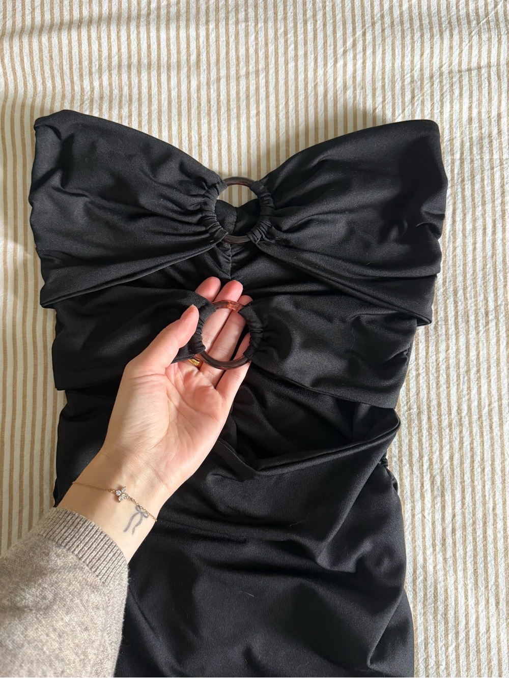 SHEIN Black Strapless Ruched Ring-Accent Dress